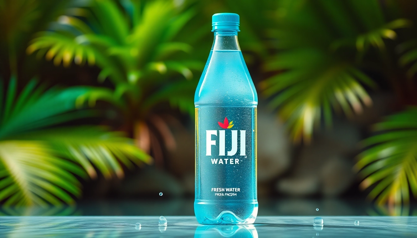 Pouring Fiji water from an elegant bottle into a glass amidst lush greenery.