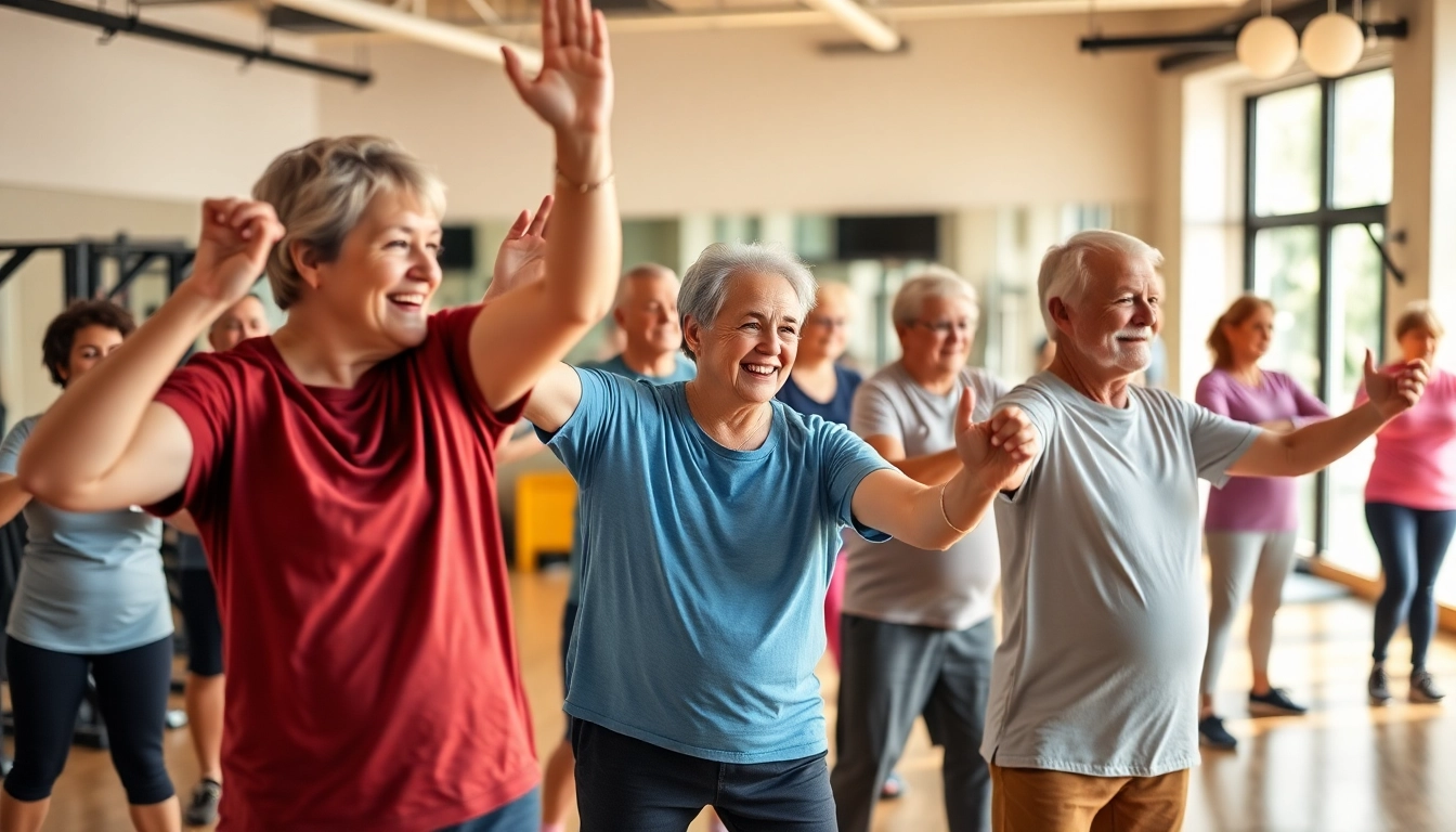 Engaged seniors participating in Senior Fitness Training with resistance bands in a welcoming gym setting.