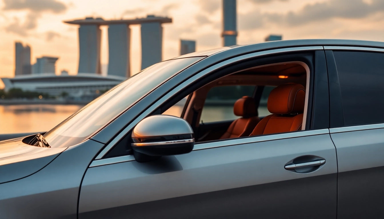 Hire a professional chauffeur in Singapore with a luxurious car and city skyline backdrop.