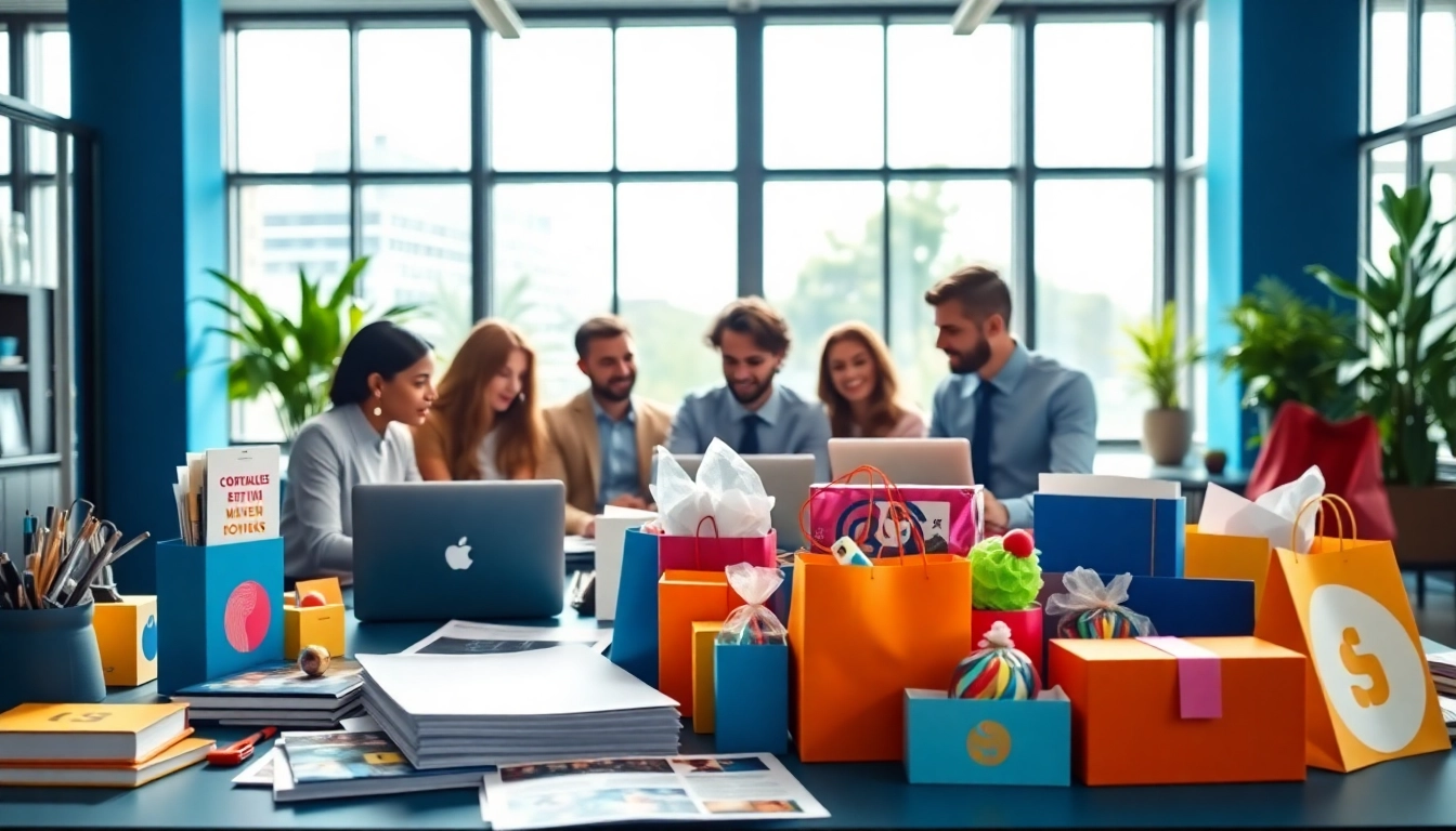Showcasing smart branding solutions in a vibrant office setting with printed materials and corporate gifts.