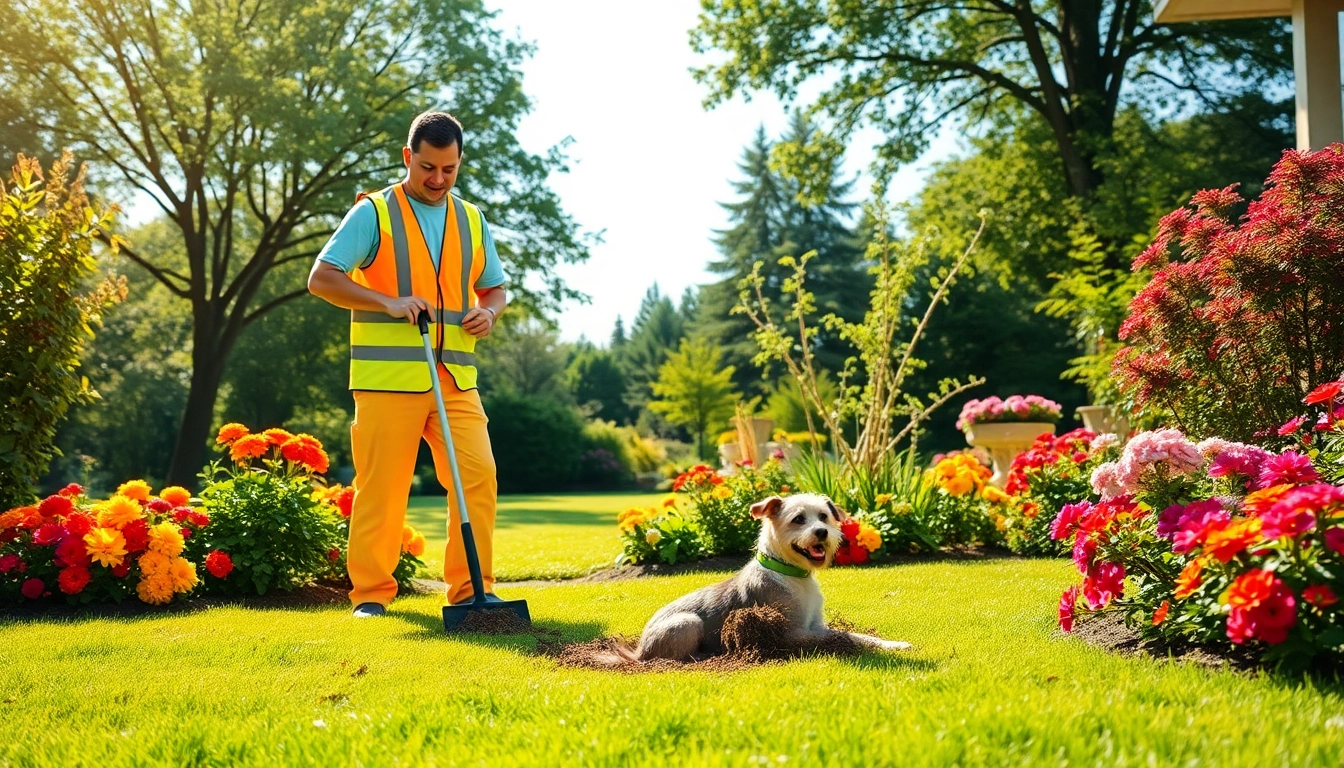 Weekly dog poop scooping service performed by a technician in a clean yard full of greenery.
