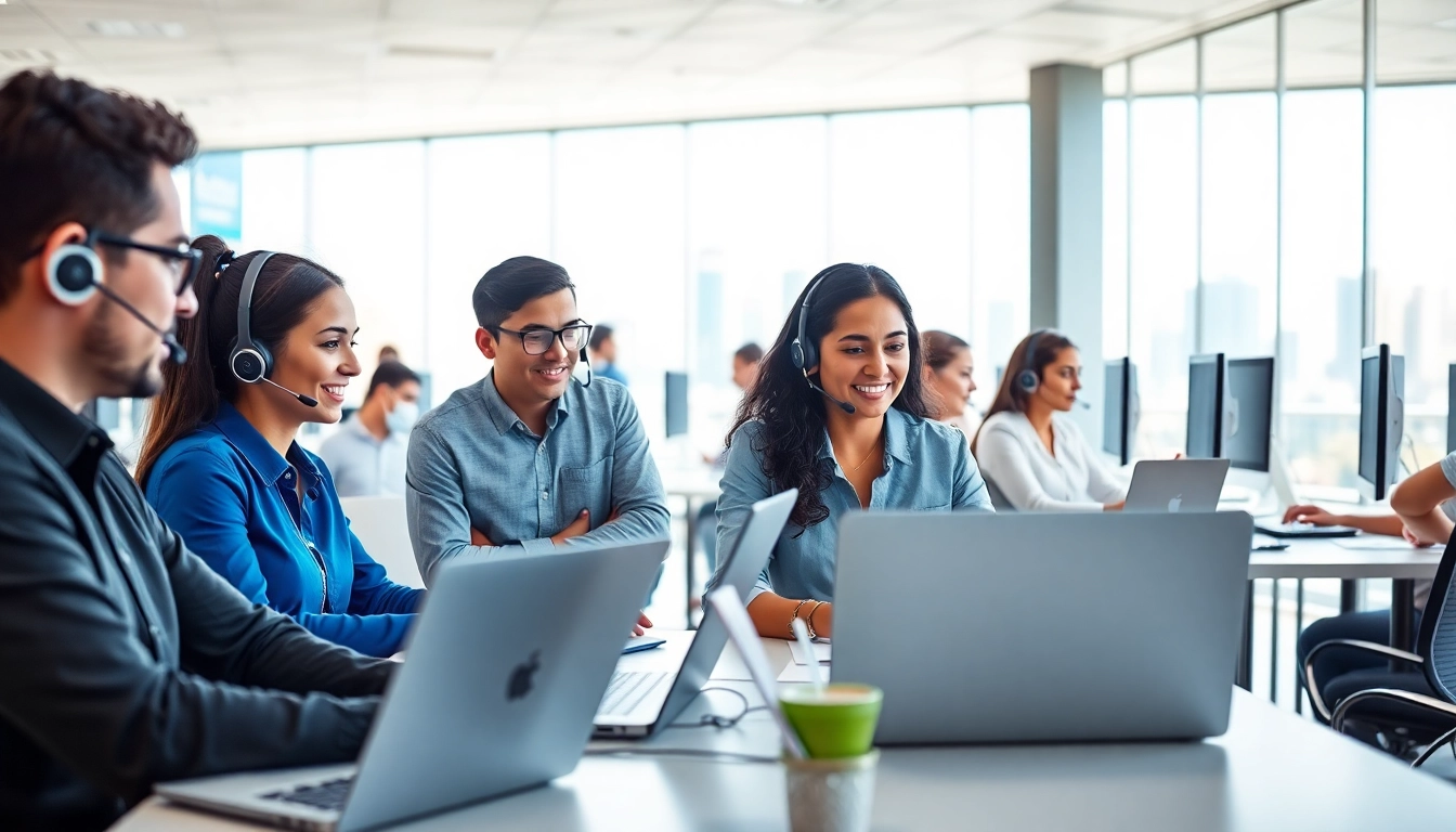 Engaged employees work collaboratively at a call center in Tijuana, showcasing teamwork and diversity.