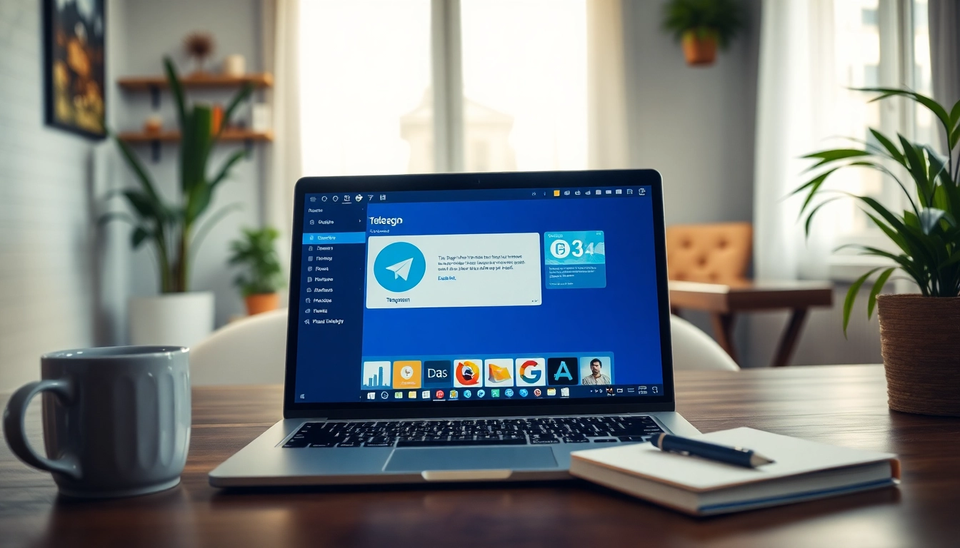 Download the Telegram app for PC with a stylish laptop setup in a bright atmosphere.