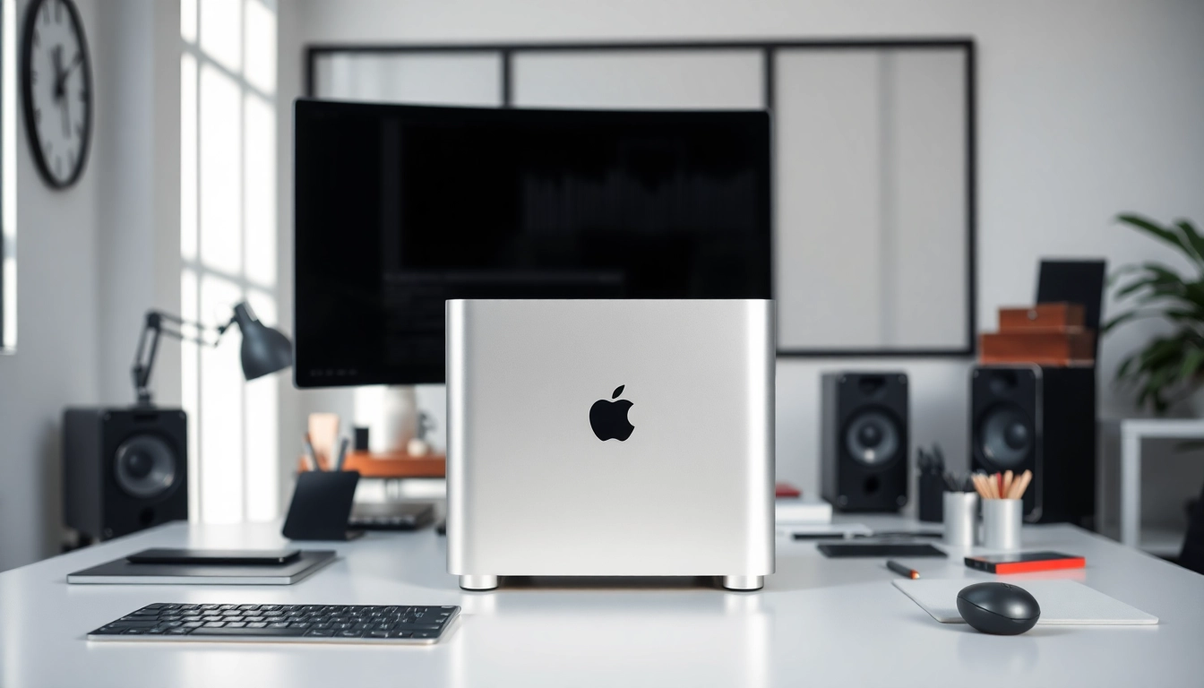 Buy Mac Pro in a modern workspace setting with bright lighting and sleek design.