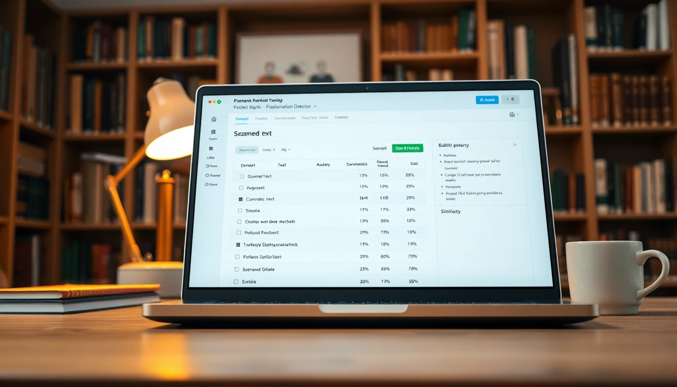 Using a plagiarism detector tool displayed on a laptop showcasing scanned text and originality percentage.