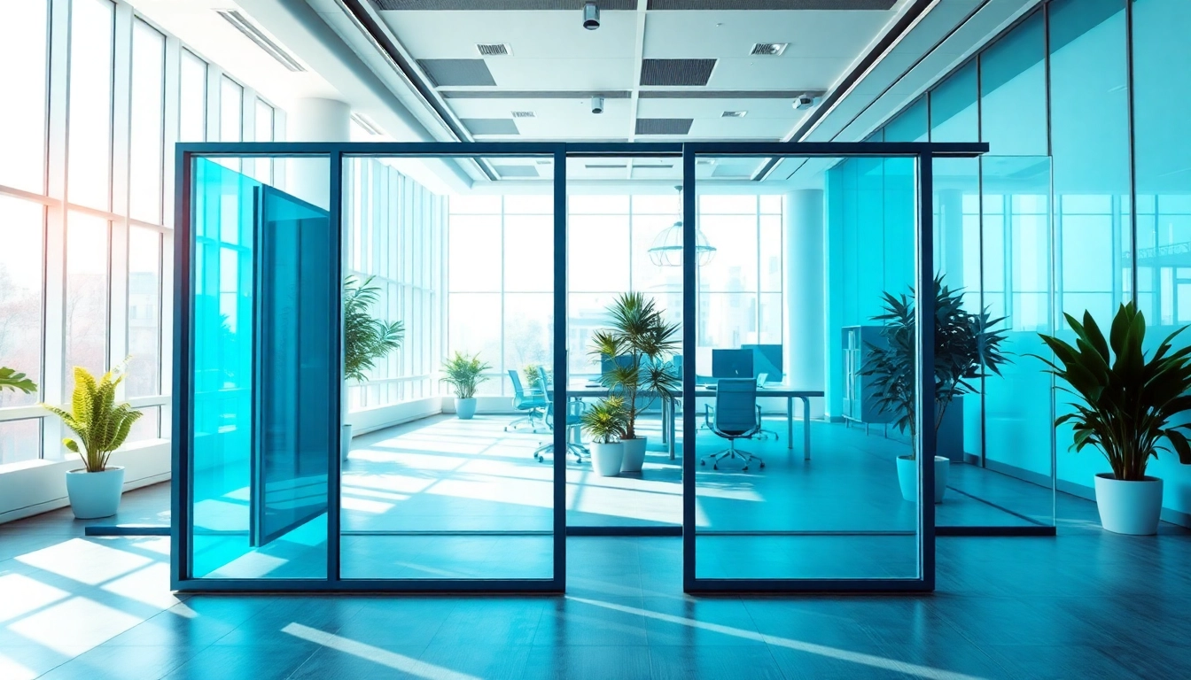 Showcasing movable glass partitions in a modern office with a bright, professional atmosphere.
