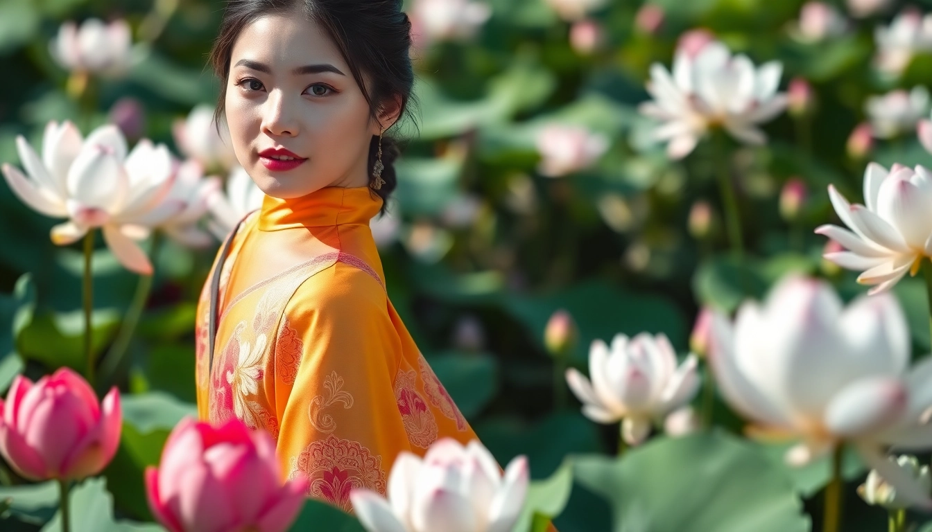 Admiring the beauty of a traditional Vietnamese Áo Dài in a vibrant lotus garden.