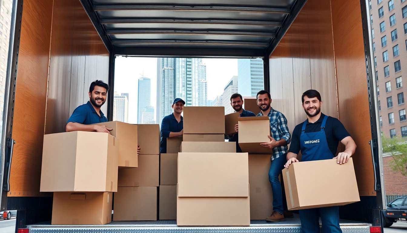 Efficient Manhattan moving company team expertly loading furniture into a truck amidst the NYC skyline.