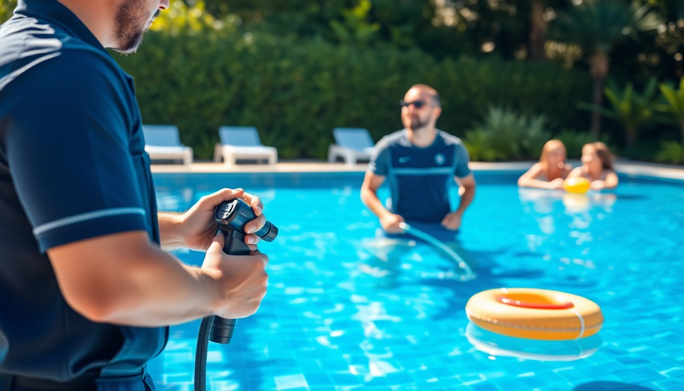 Providing expert pool service near me, a technician maintains a sparkling blue pool, ensuring family fun.