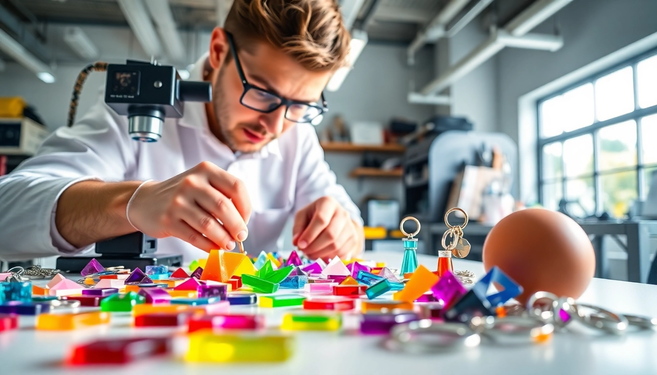 Acrylic keychain maker crafting colorful custom keychains in a vibrant workshop setting.