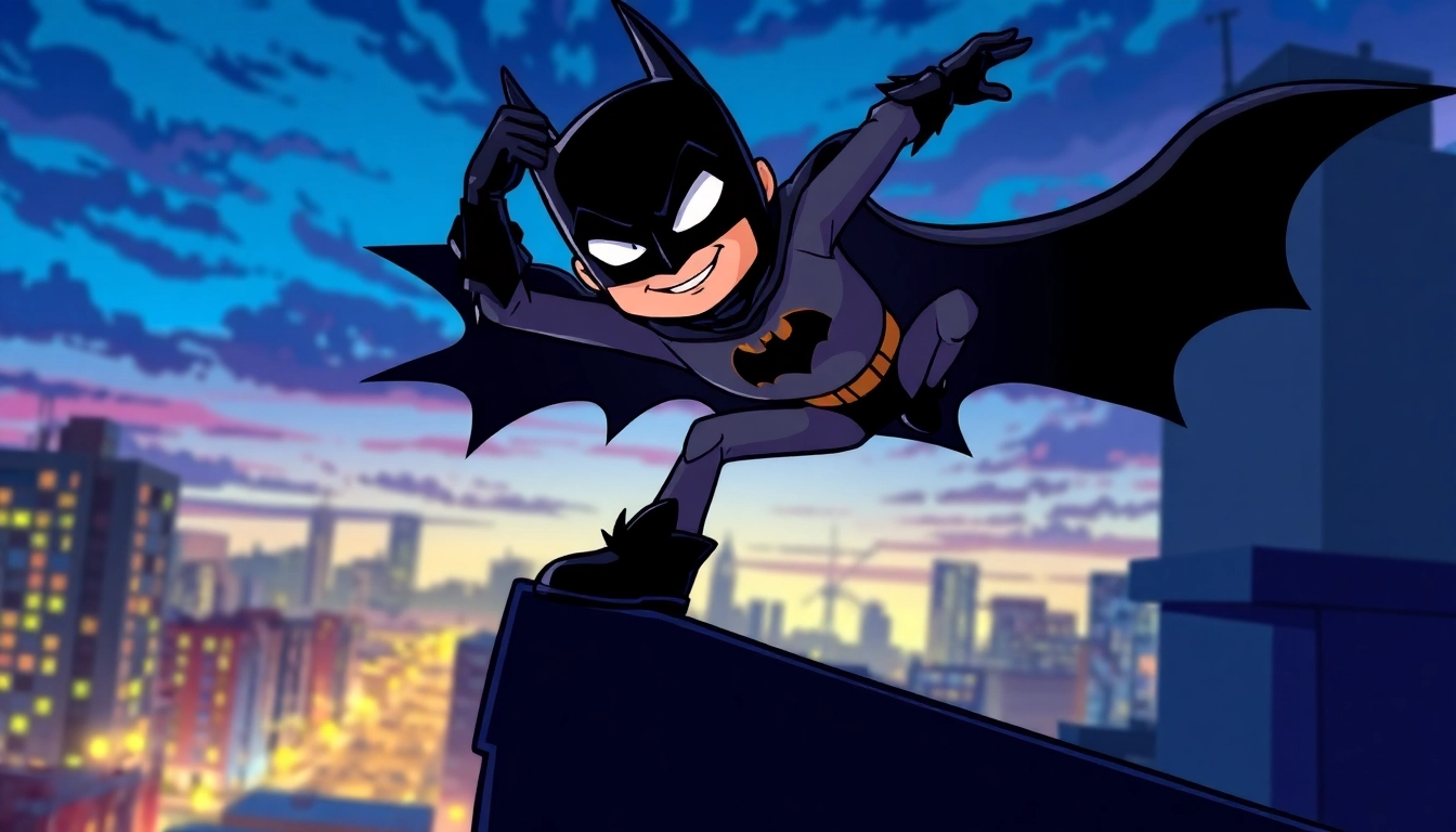 Bermain game batman138 dengan karakter superhero menjulang di atas kota.