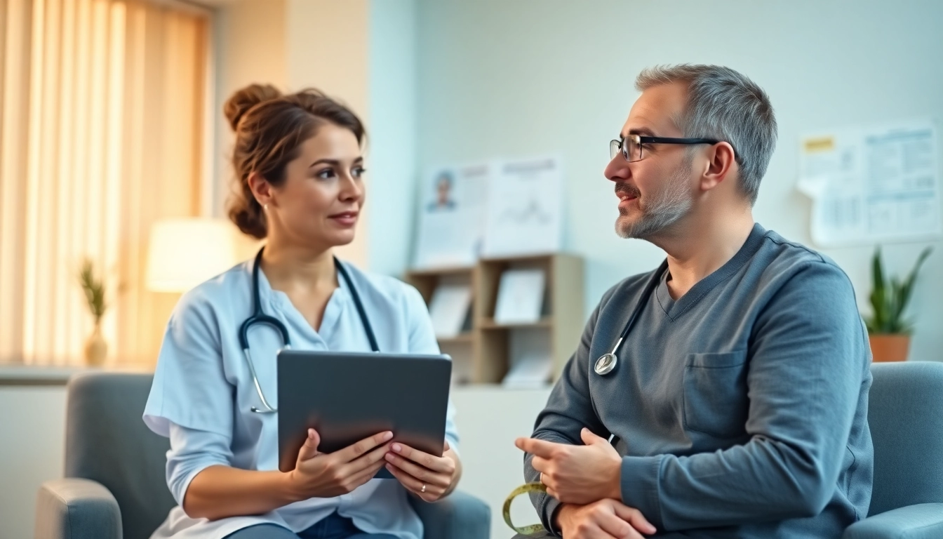 Engaged discussion about medical assisted weight loss programs in a modern clinic setting.