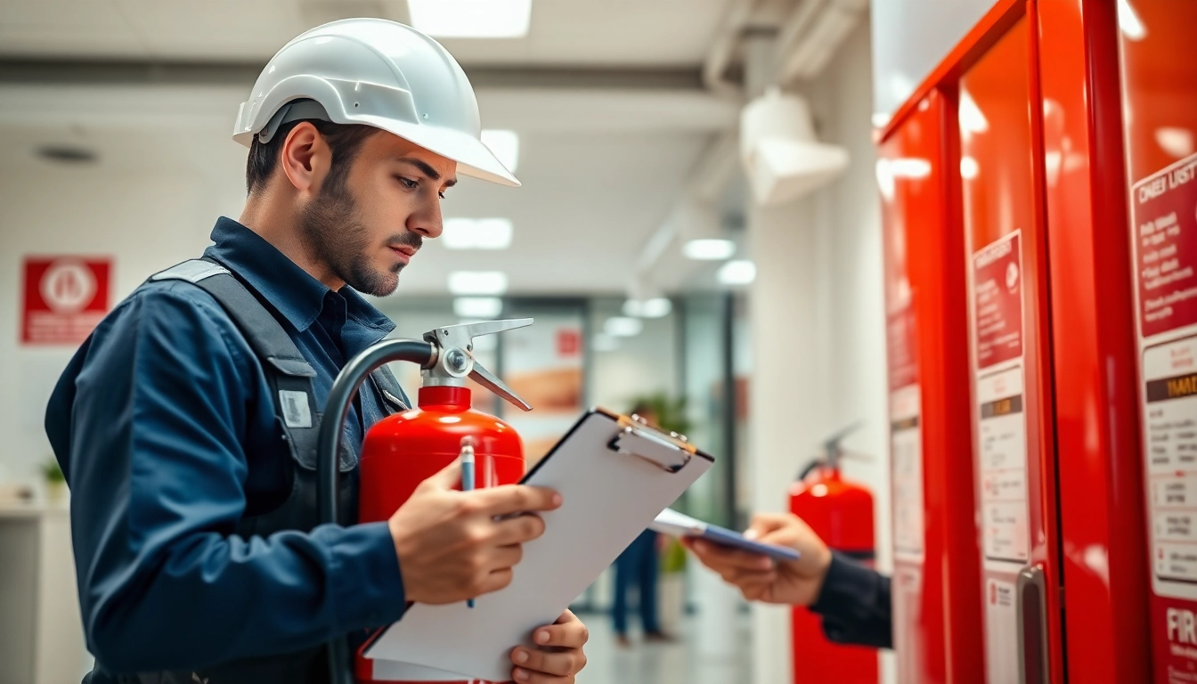 Fire extinguisher servicing Lichfield with technician inspecting equipment in a modern office.