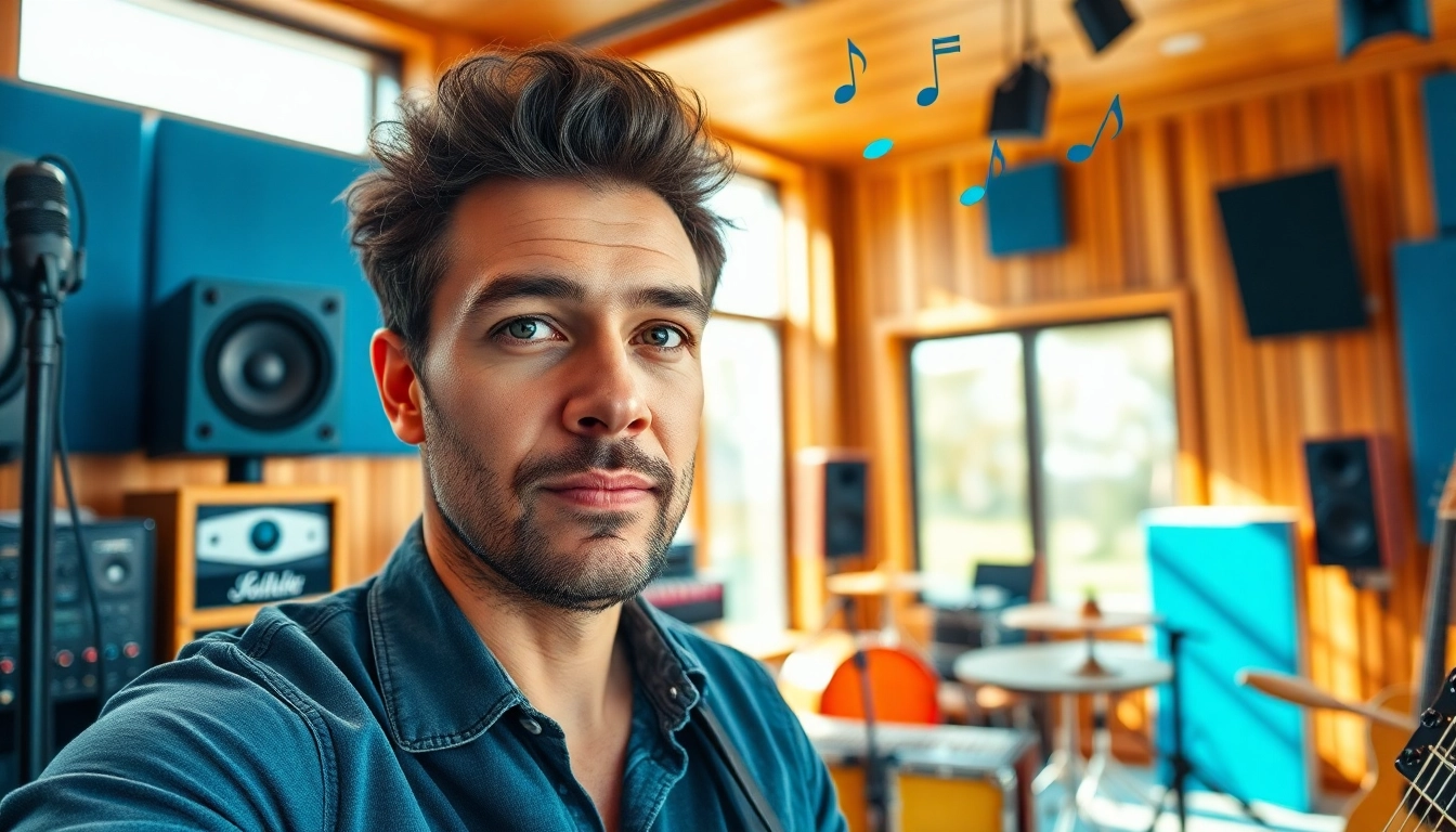 Engaging musician passionately involved in music pitching within a vibrant studio setup.