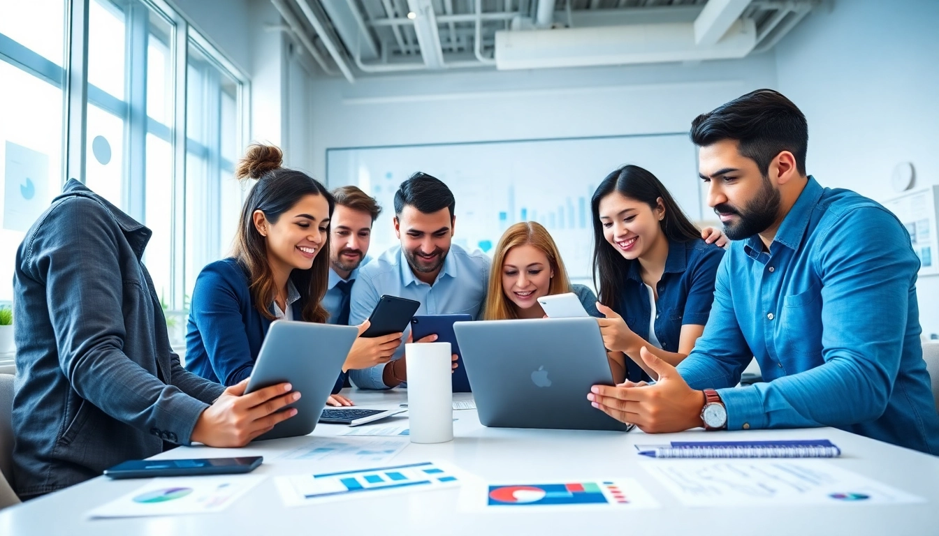 Engaged team at a social media agency brainstorming in a bright, modern office.