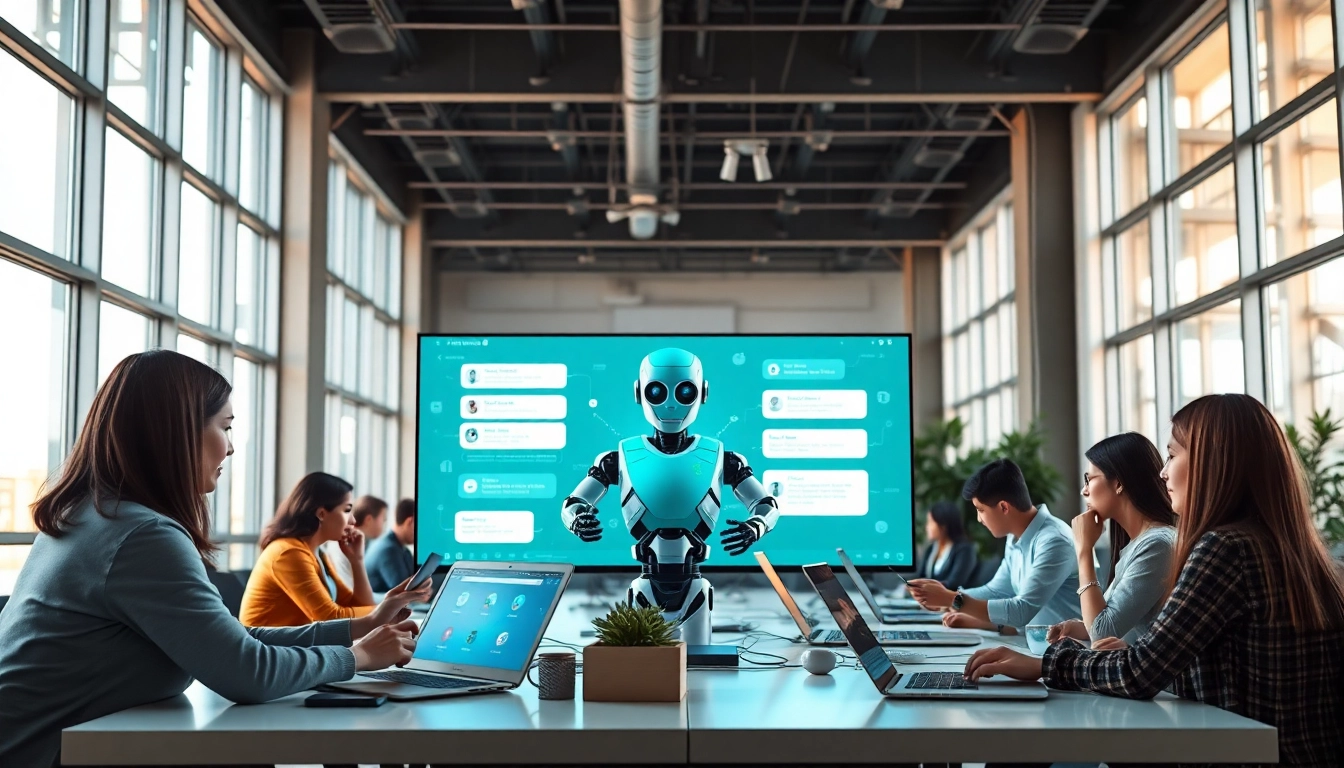 Engaging AI bot for websites assisting users in a modern workspace, showcasing technology integration.