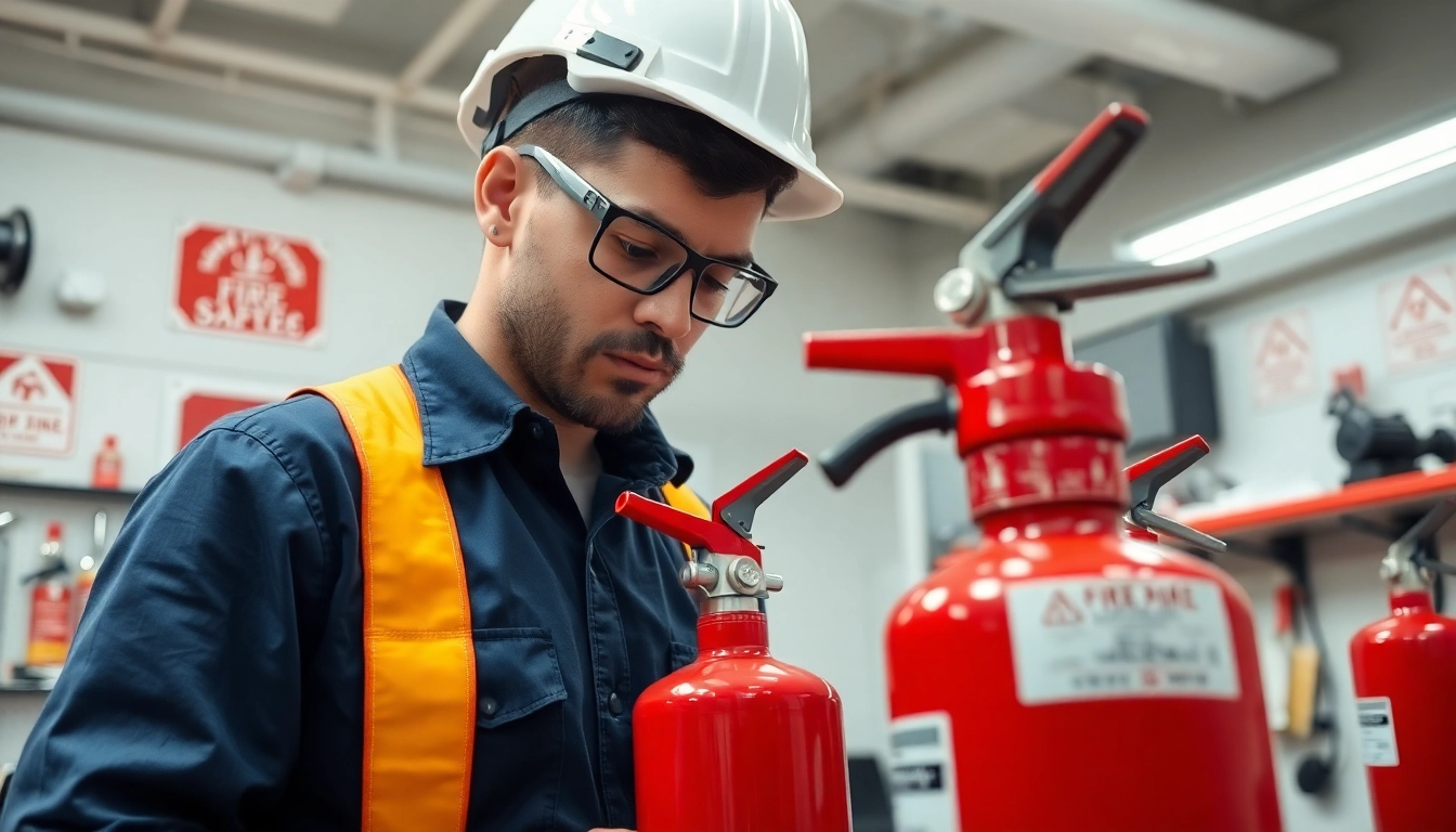 Ensure effective fire extinguisher maintenance with a technician safely inspecting an extinguisher.
