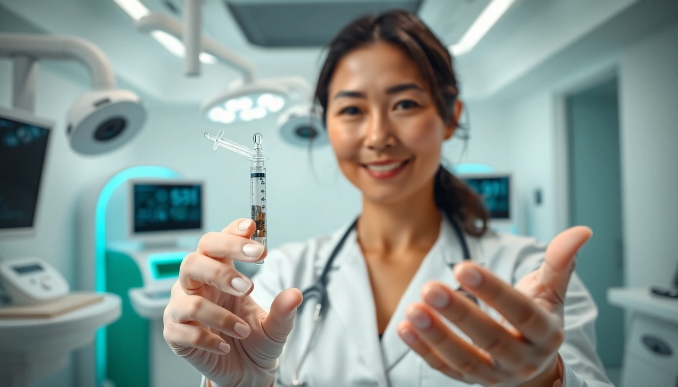 Practitioner demonstrating Peptide Therapy with a syringe in a modern clinic.