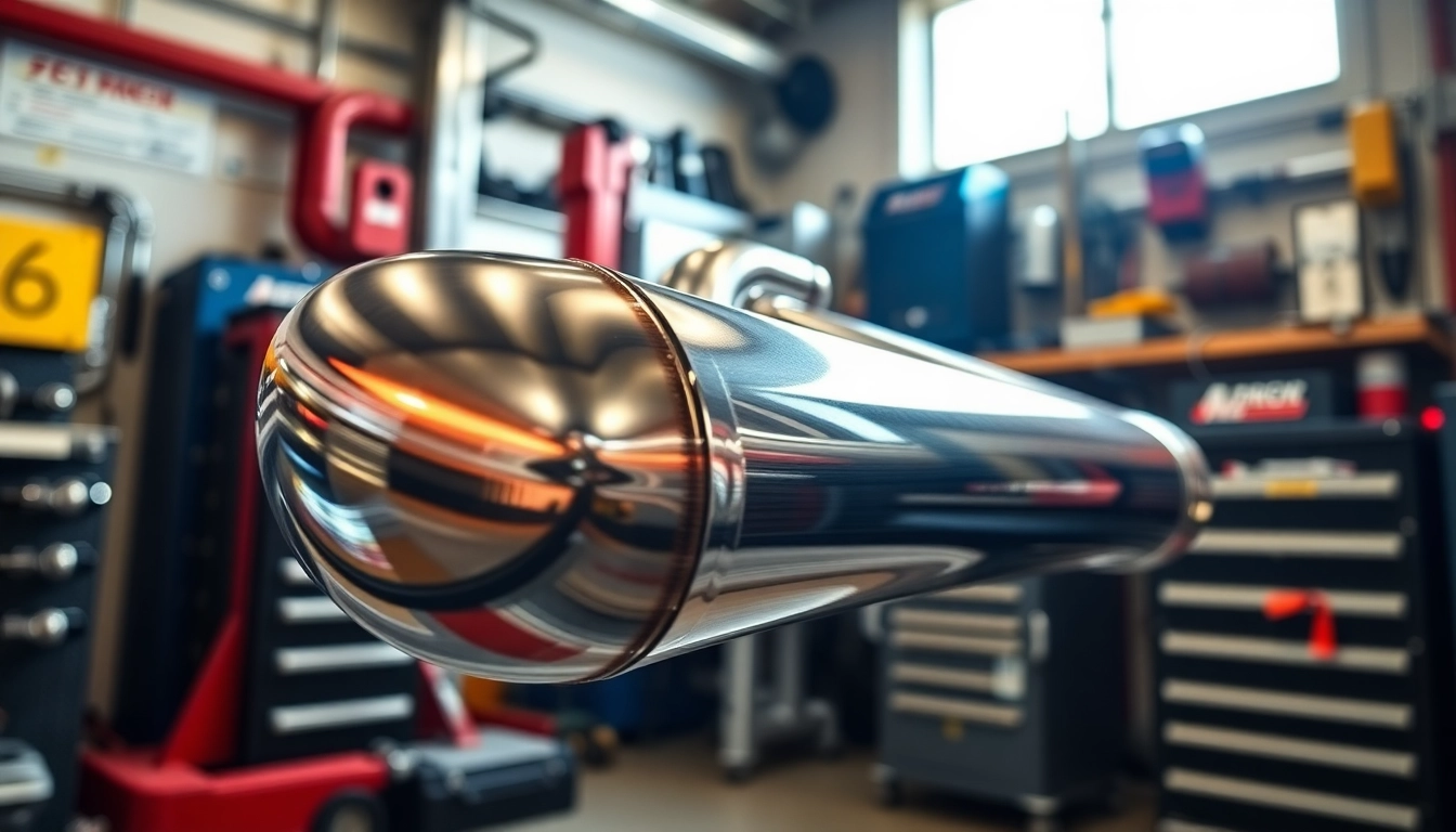 Showcasing a gleaming b58 downpipe in a professional automotive workshop.