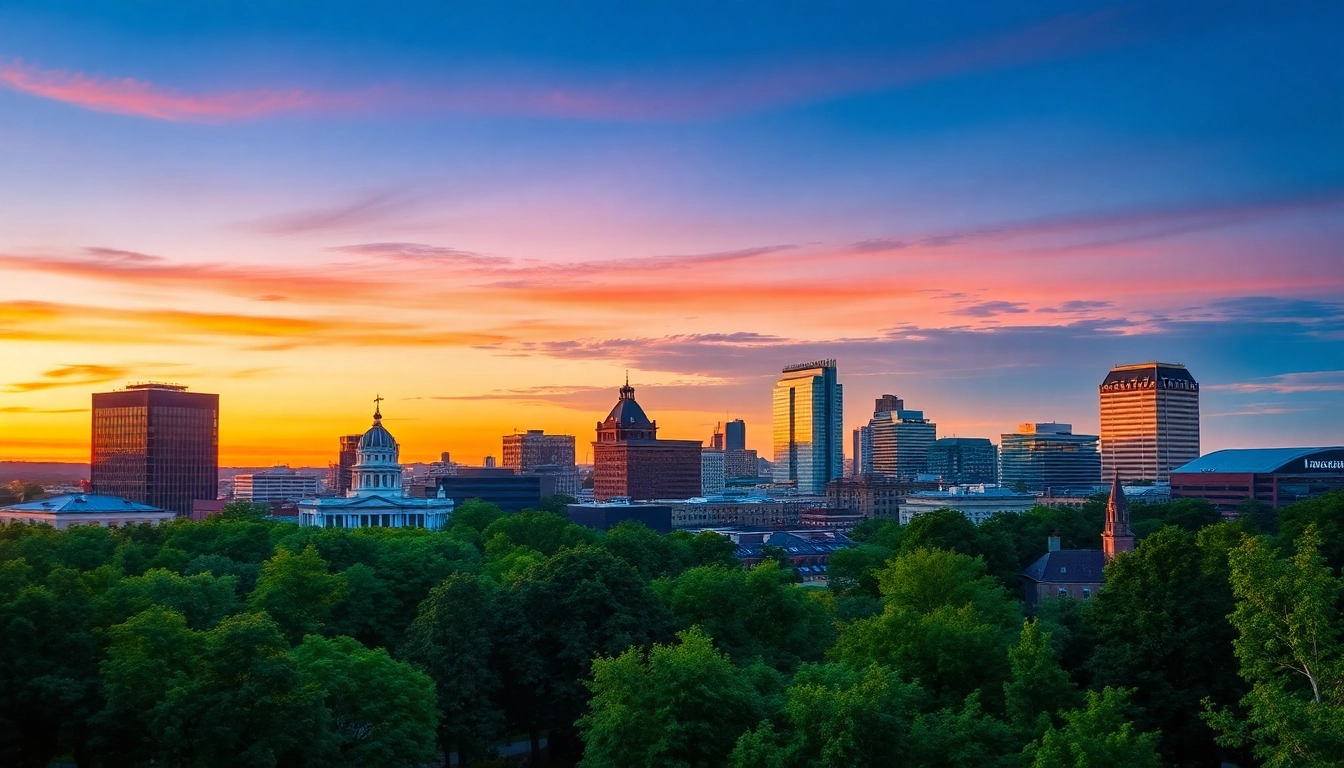 View of vibrant Greensboro NC skyline at sunset with modern architecture.