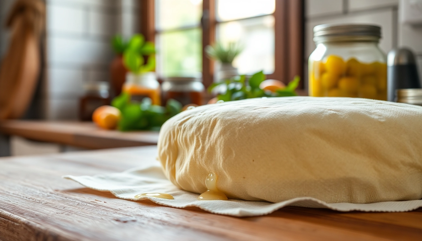 Kaasdoek met textuur op een houten aanrecht met verse kruiden en ingemaakte potten op de achtergrond.