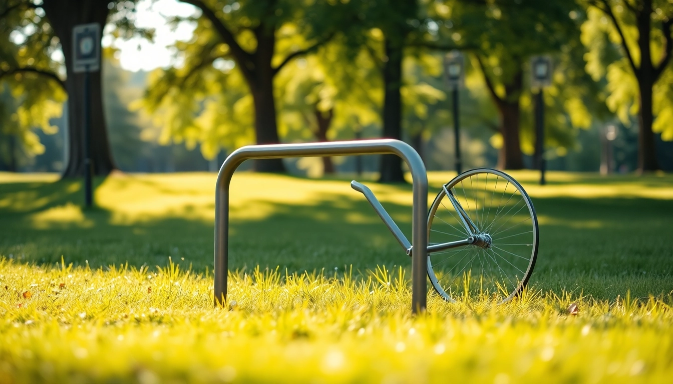 Securely park your bike with this stylish minimalist bike rack in a serene outdoor setting.