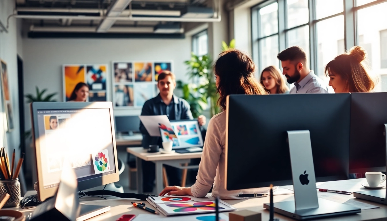 Engaging teamwork in a calgary graphic design company workspace with vibrant design materials.