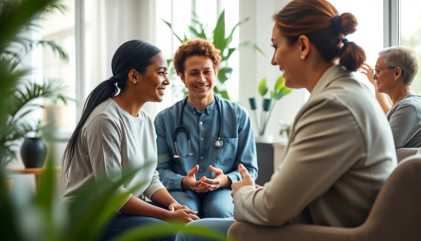 Therapist discussing depression with clients in a warm and inviting counseling room.