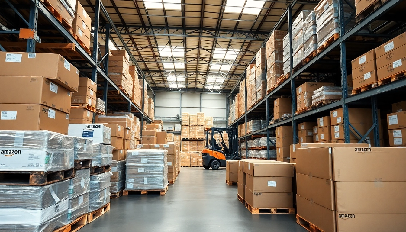 A bustling warehouse environment showcasing amazon wholesale products efficiently organized for distribution.