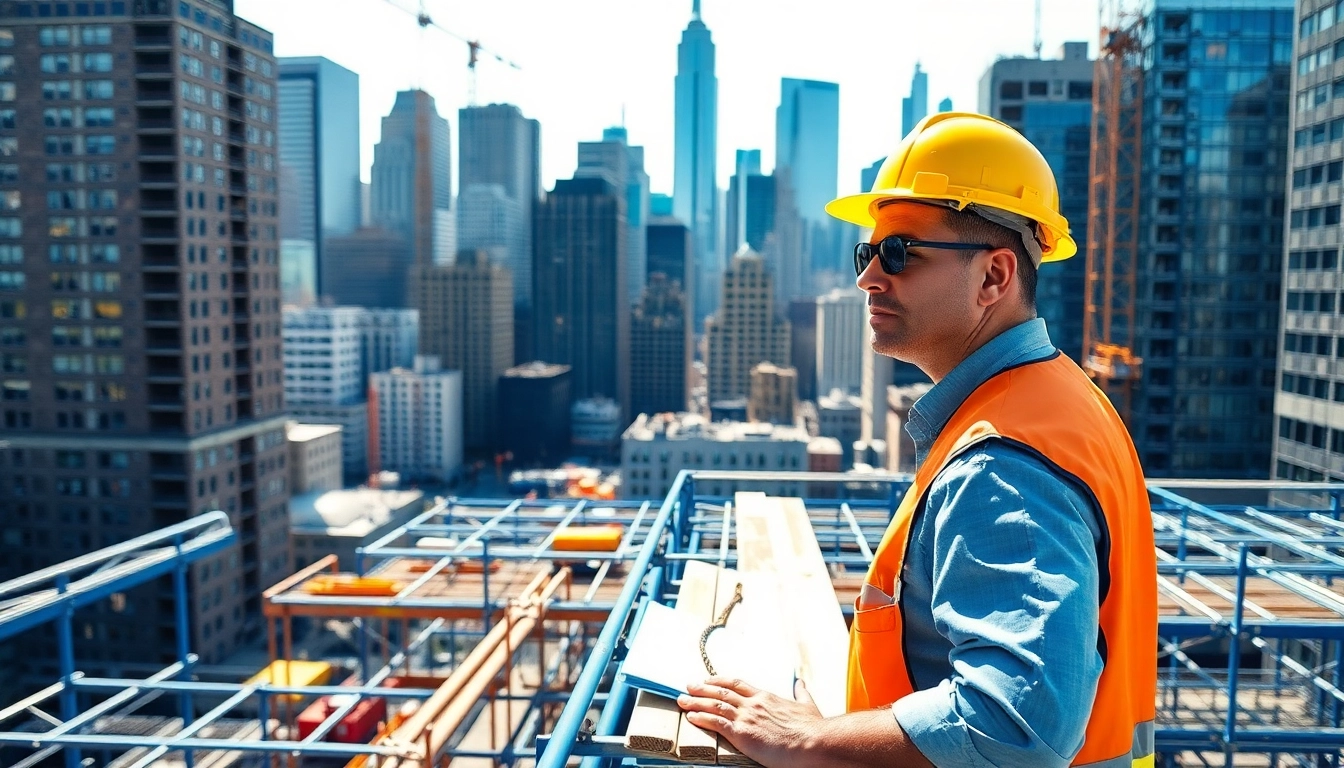 Professional construction scene with a New York General Contractor managing a site under the city skyline.