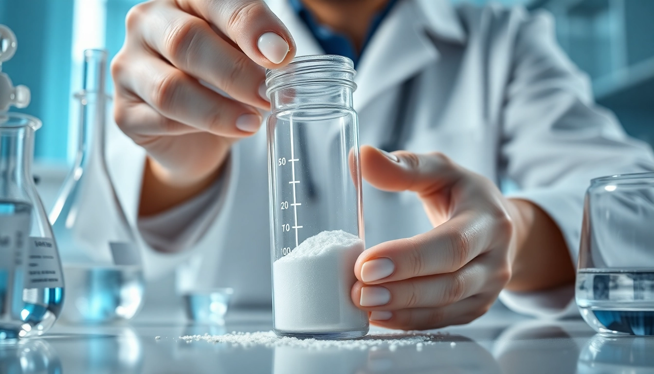 Redispersible Polymer Powder being measured by a chemist in a professional lab setting, showcasing precision and quality.