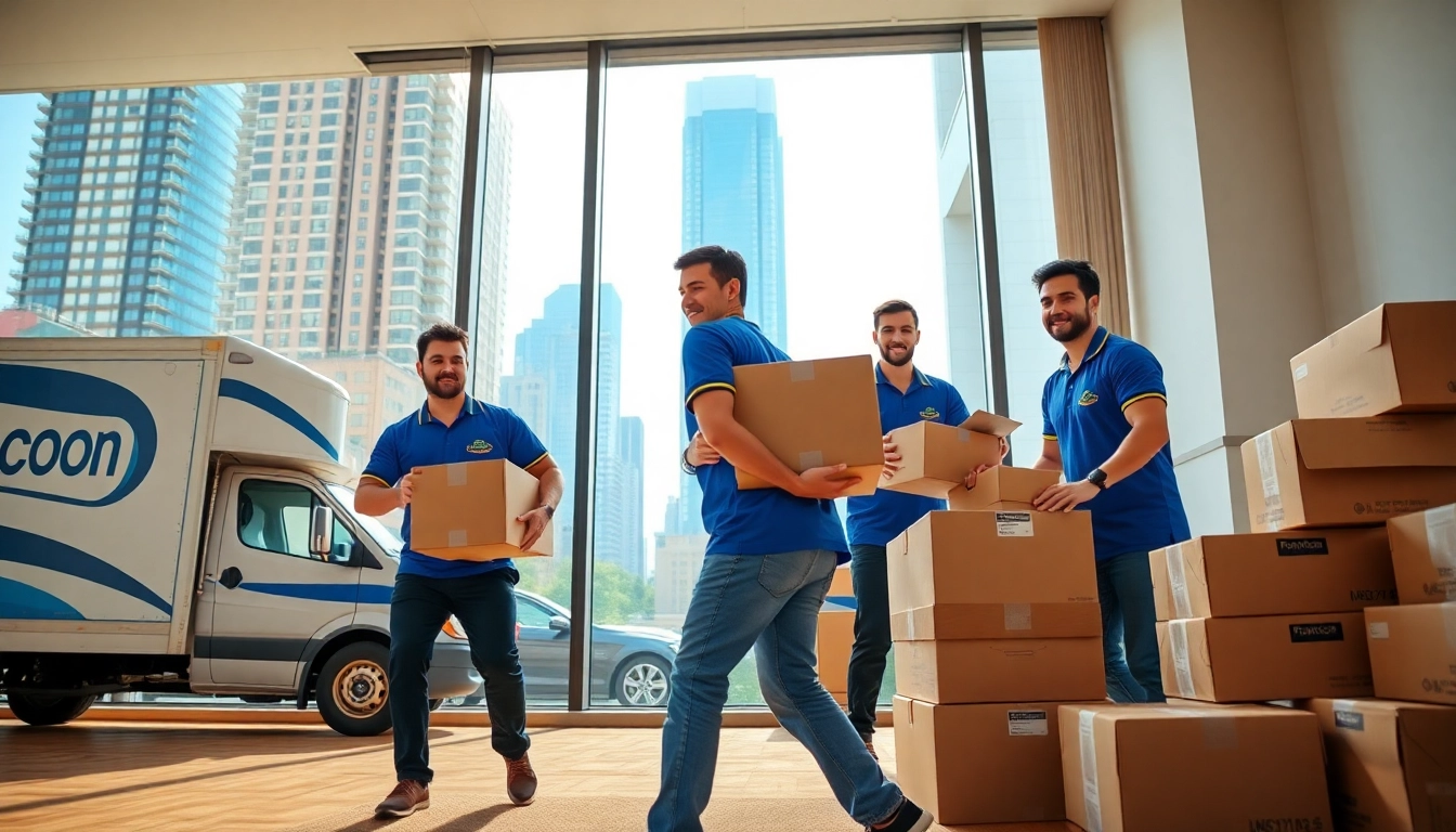 Efficient Manhattan moving company team rearranging boxes during a move in a bright apartment setting.