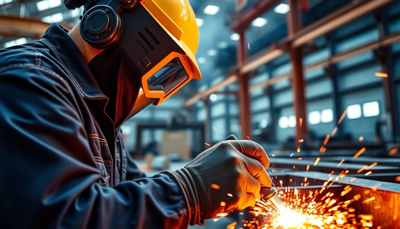 Welder engaged in structural steel welding, demonstrating techniques and precision in an industrial workshop.