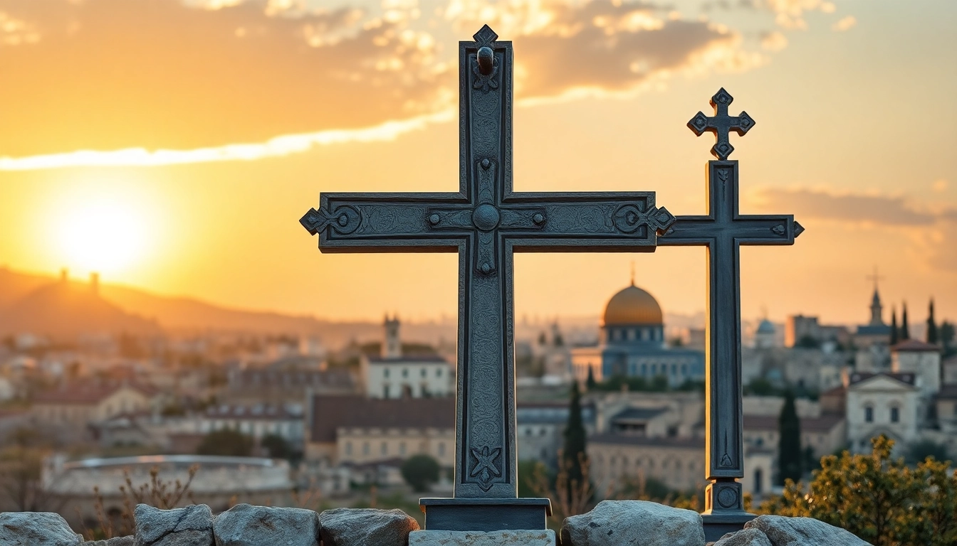 Admiring the intricate Jerusalem crosses amidst a peaceful Jerusalem sunset.