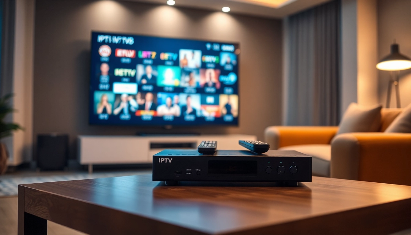 Comprar IPTV en una sala de estar moderna con un gran televisor y un ambiente acogedor.