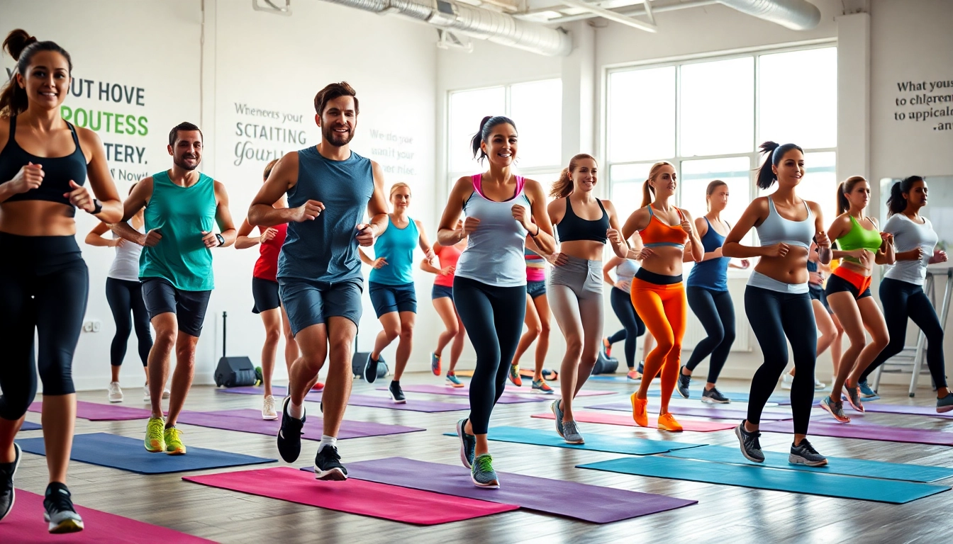 Lose weight fast with a diverse group exercising in a bright gym, showcasing energy and health.