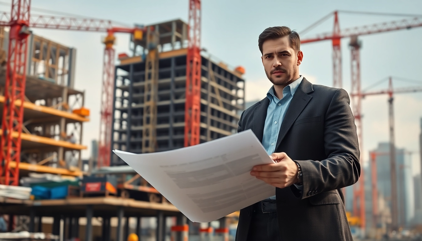 New York City Construction Manager reviewing blueprints on a busy construction site.