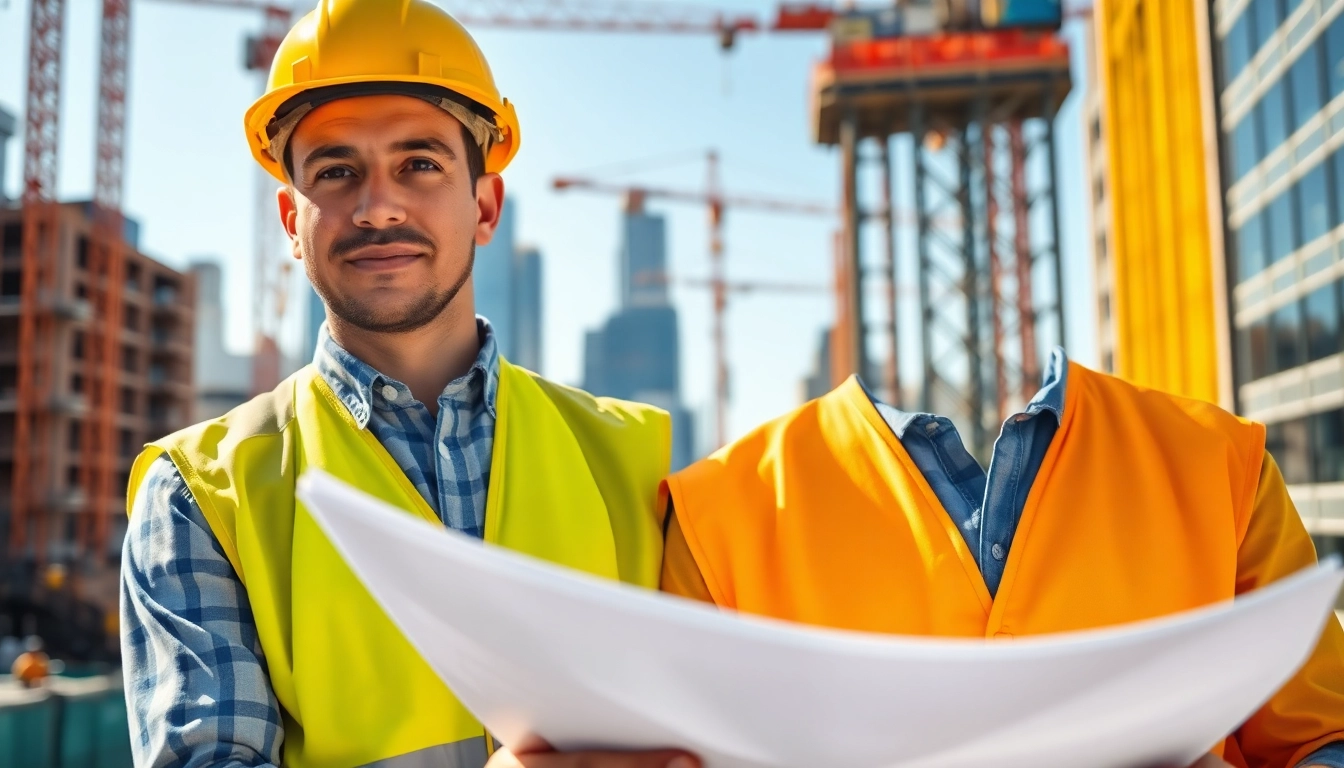 New York City Construction Manager supervising an active construction site with blueprints.