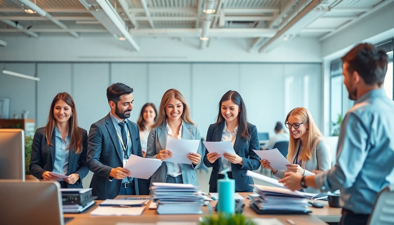 Engage with QSM document clearing services, showcasing professionals assisting clients in a bright office.